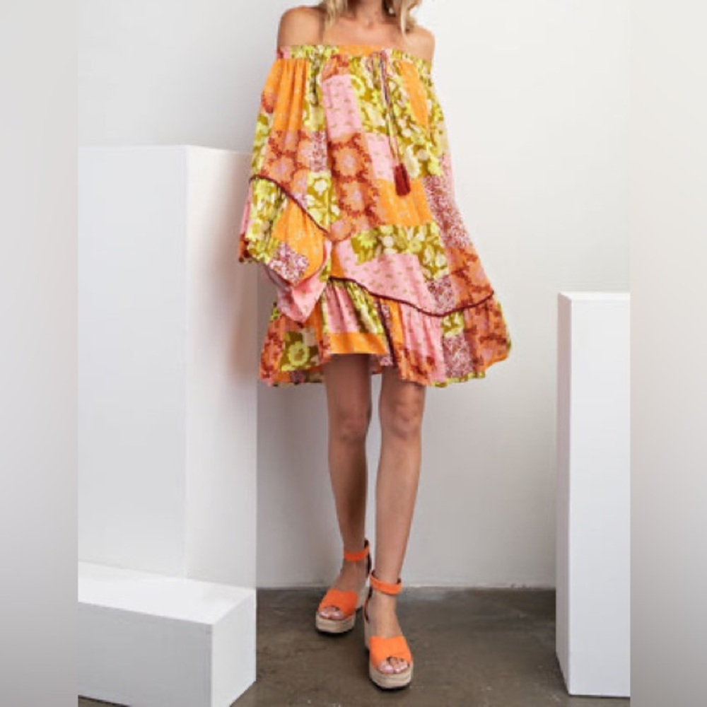 FLORAL PATCHWORK PRINT RAYON GAUZE BABYDOLL DRESS | SZ SMALL.  NWT